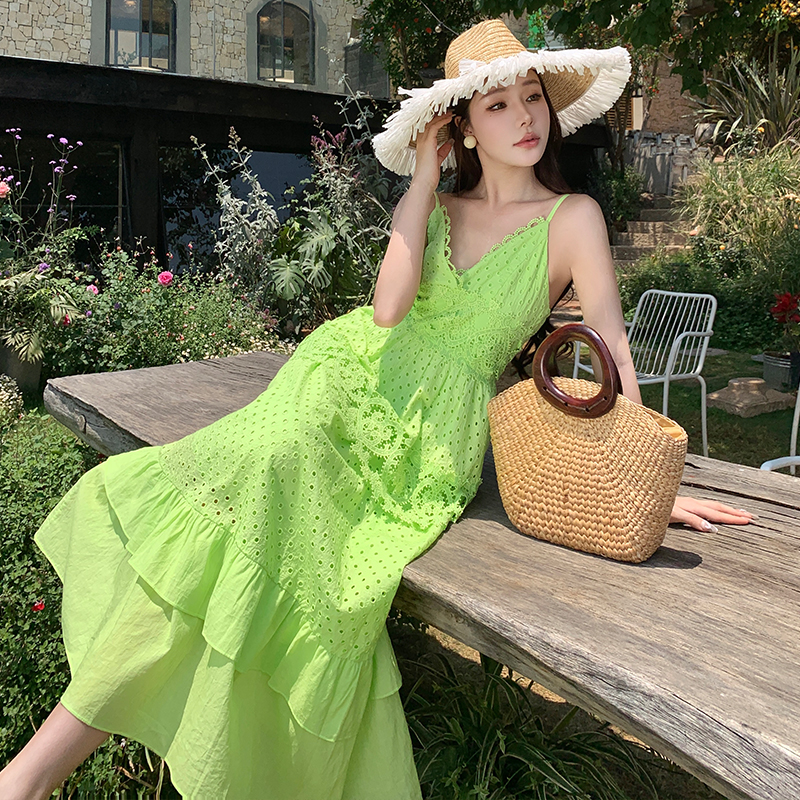 Sweet cake long dress V-neck dress for women