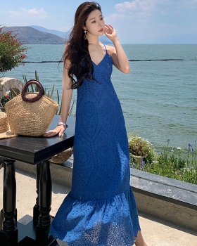 Sling France style hollow embroidery sexy dress
