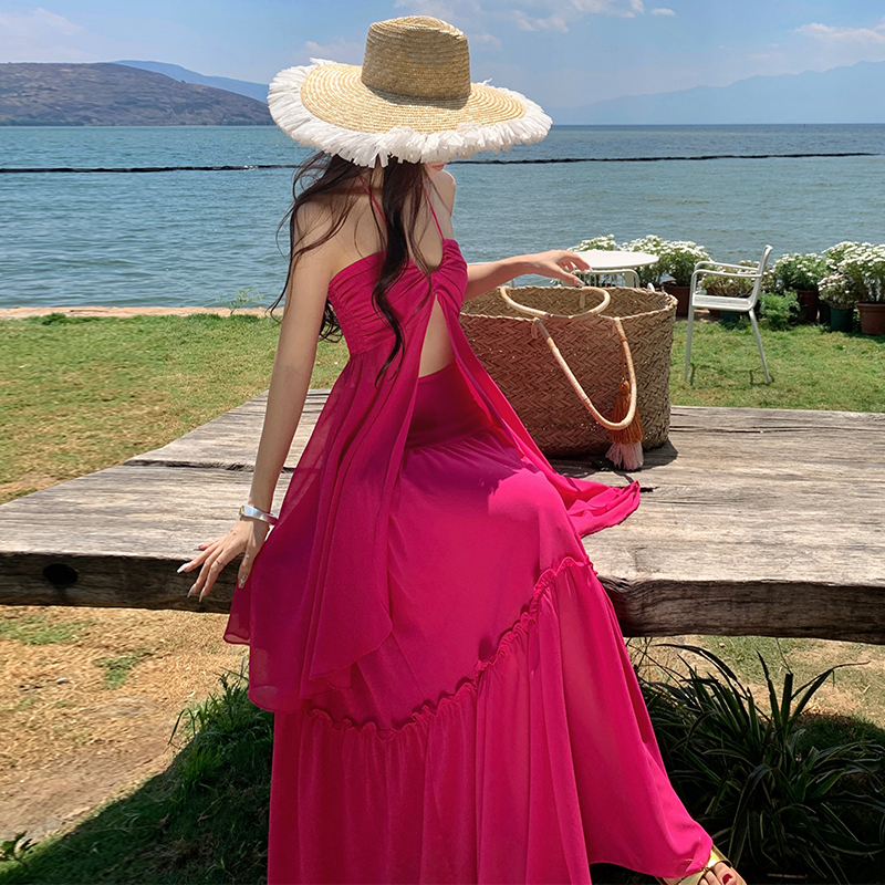 Vacation halter dress seaside long dress a set