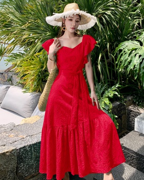 Lotus leaf edges V-neck dress crochet lady long dress