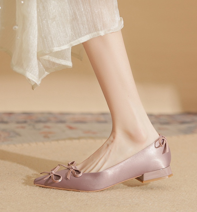 Low thick ballet flattie pointed bow shoes for women