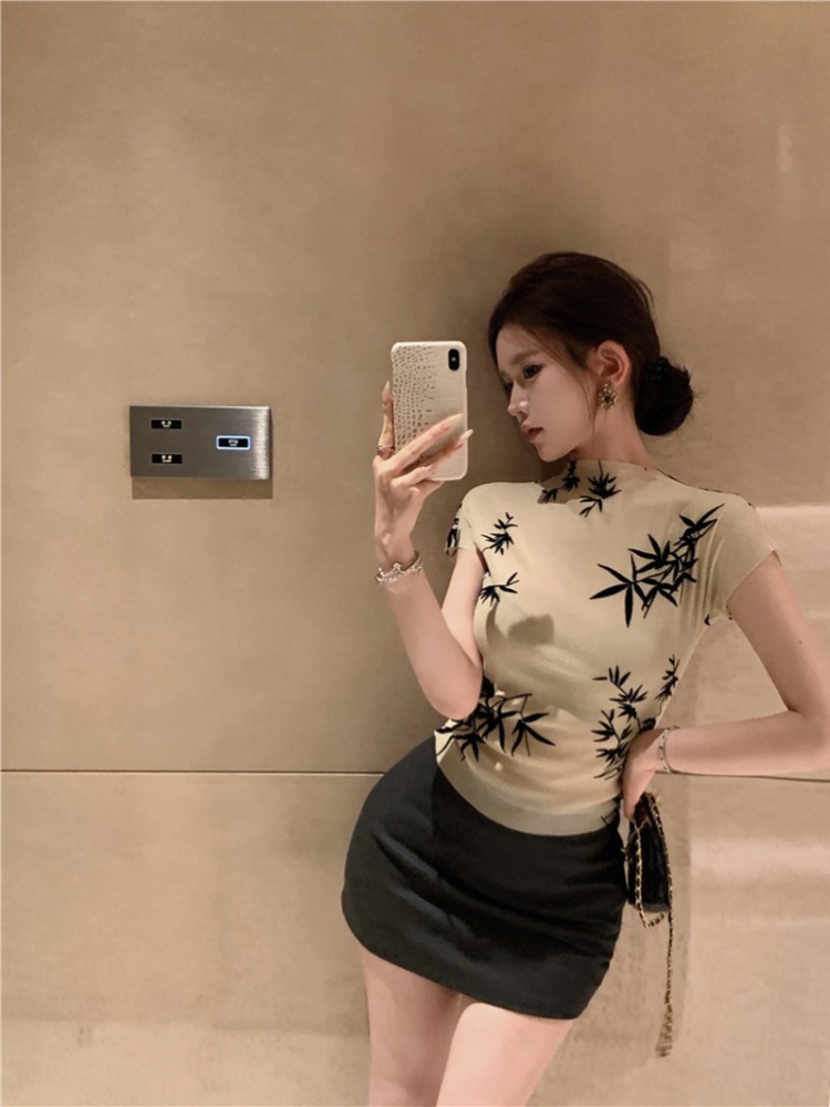 Ink Chinese style round neck short sleeve printing T-shirt