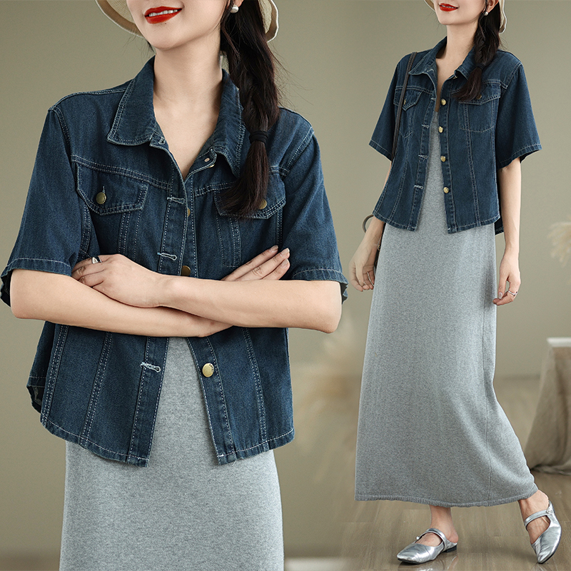 Summer large yard short sleeve retro denim short shirt a set