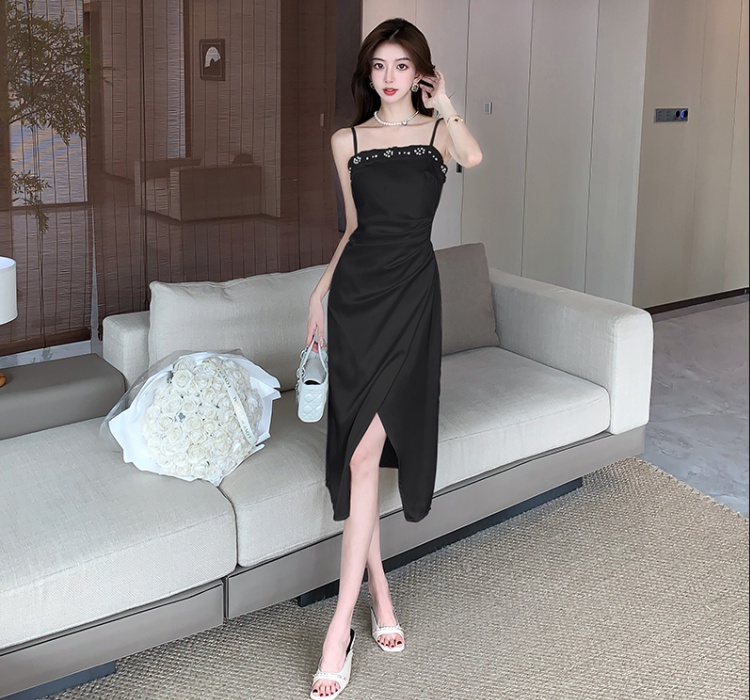 Satin sling temperament France style slim ladies dress