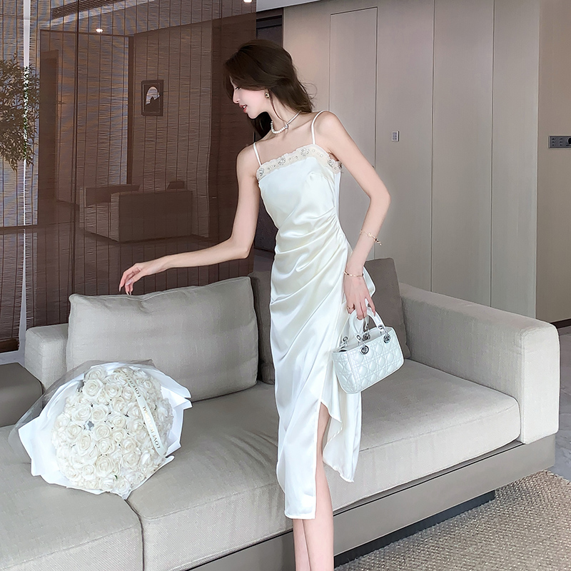 Satin sling temperament France style slim ladies dress