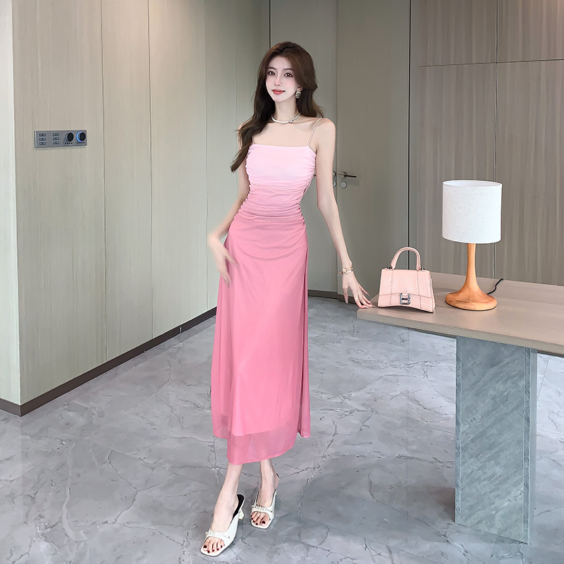 Pinched waist sexy gradient dress package hip fold long dress