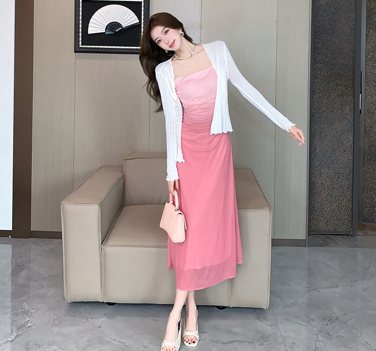 Pinched waist sexy gradient dress package hip fold long dress