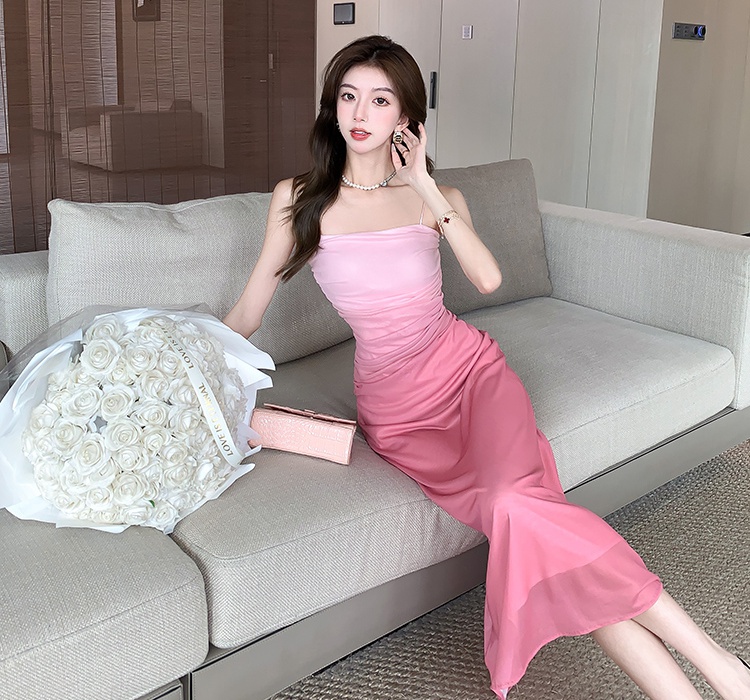 Pinched waist sexy gradient dress package hip fold long dress