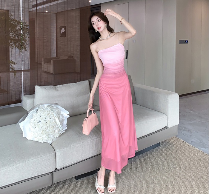 Pinched waist sexy gradient dress package hip fold long dress