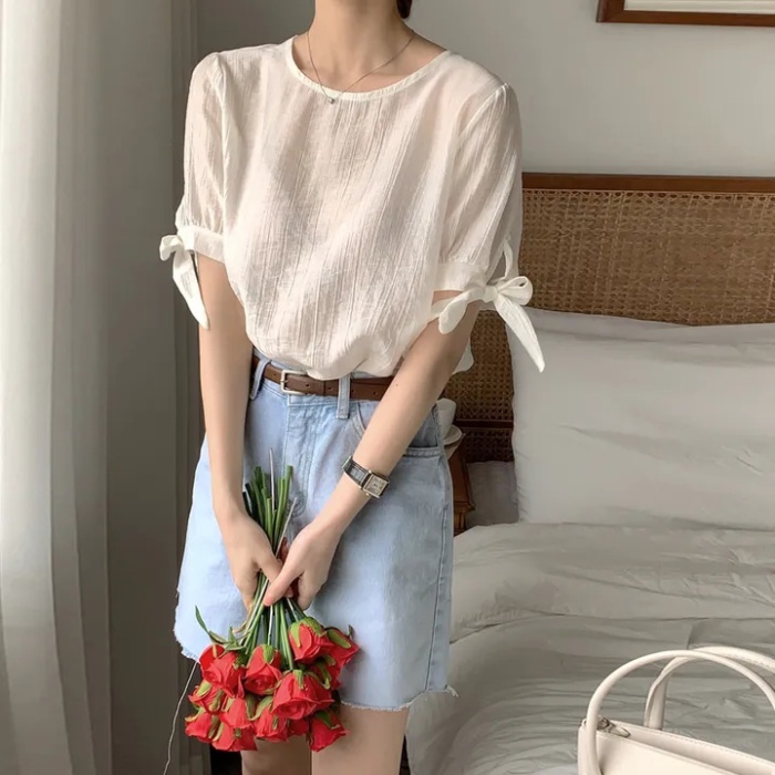 Puff sleeve folds chiffon shirt simple Korean style tops