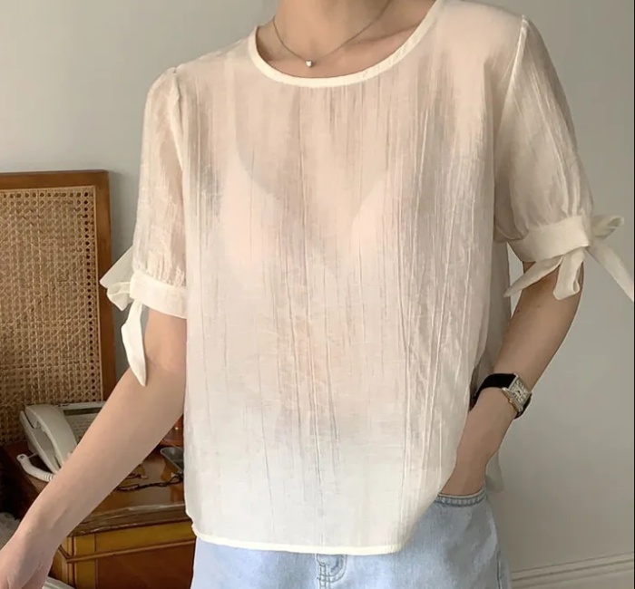 Puff sleeve folds chiffon shirt simple Korean style tops