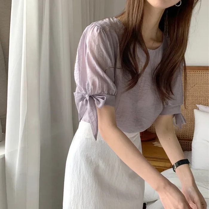 Puff sleeve folds chiffon shirt simple Korean style tops