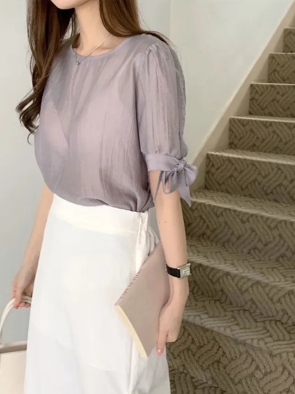 Puff sleeve folds chiffon shirt simple Korean style tops