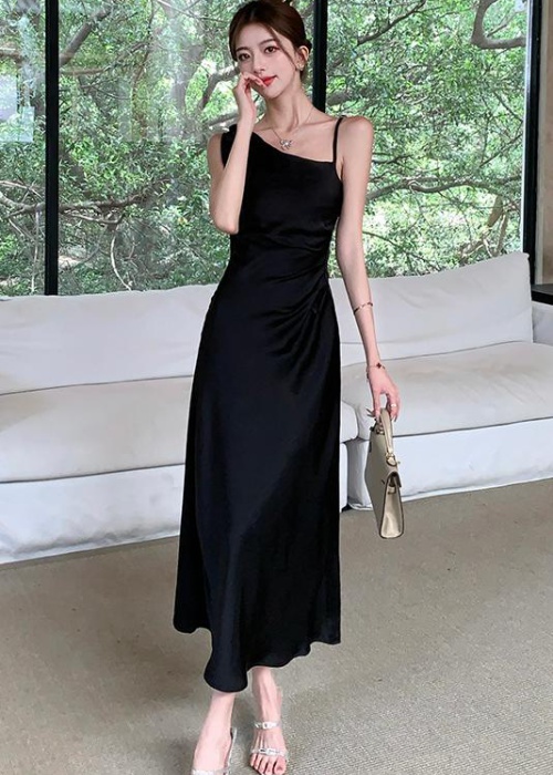 Slim summer satin dress France style tender strap dress