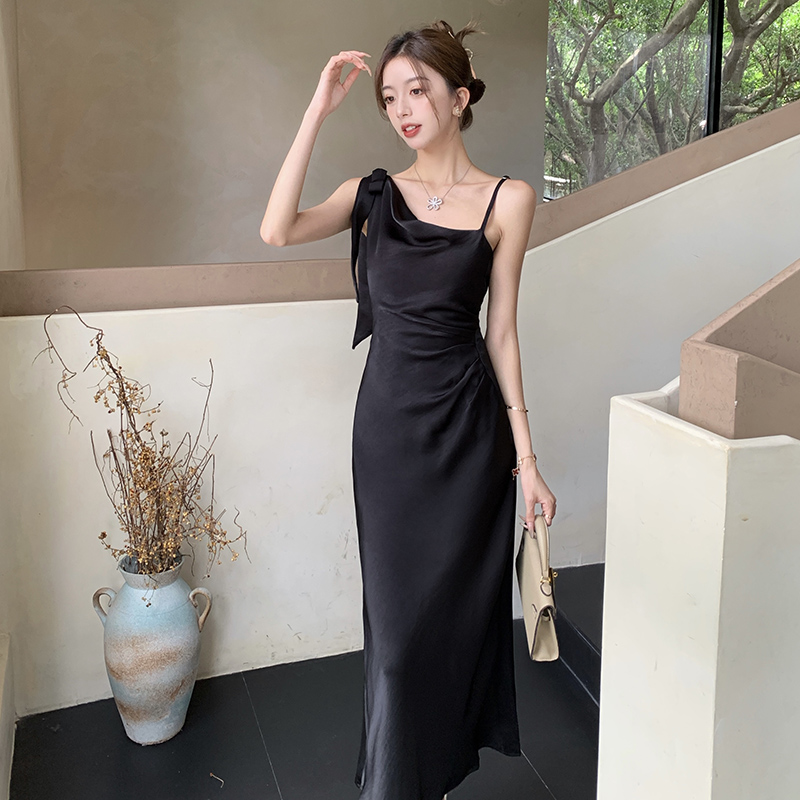 Slim summer satin dress France style tender strap dress