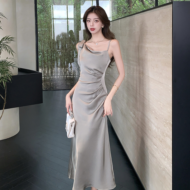 Slim summer satin dress France style tender strap dress