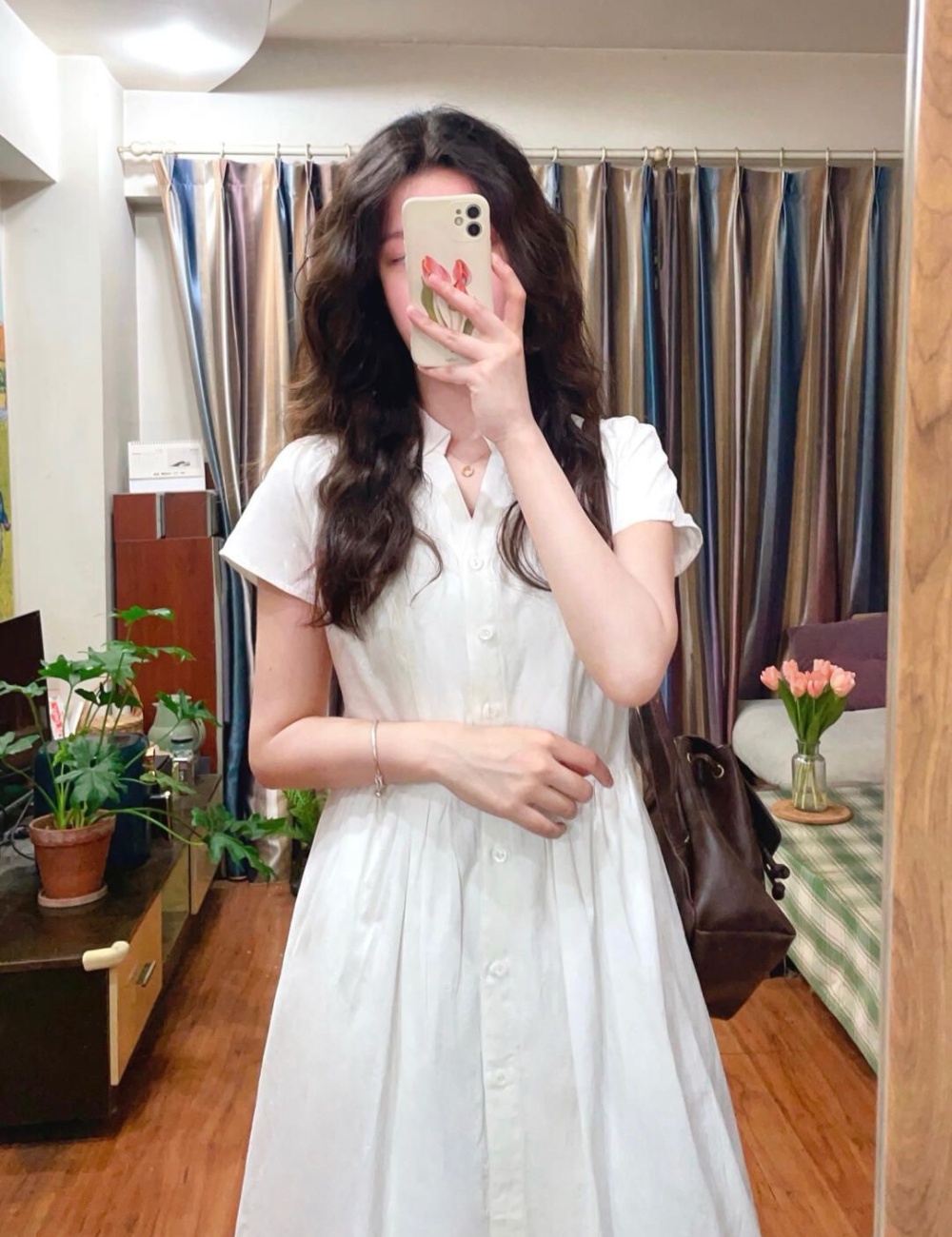 Korean style France style retro dress V-neck white shirt