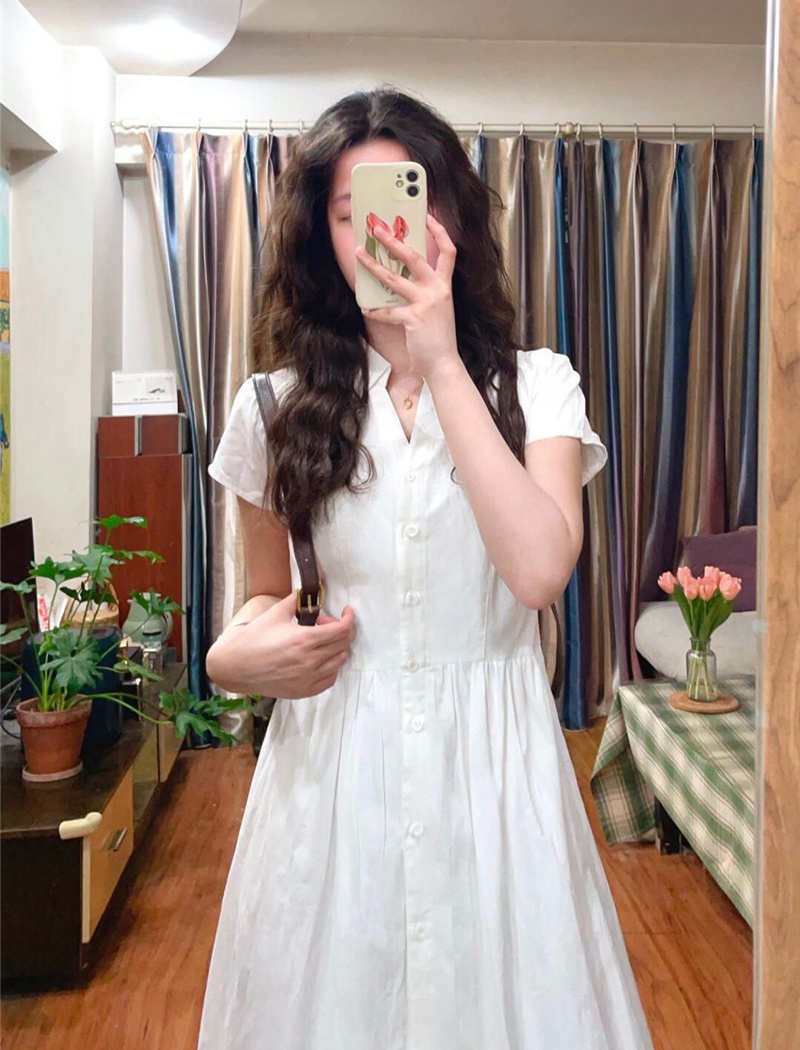 Korean style France style retro dress V-neck white shirt