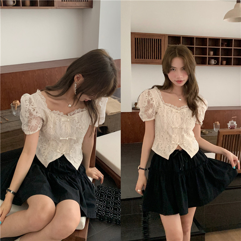 Retro short tops lace short sleeve shirt