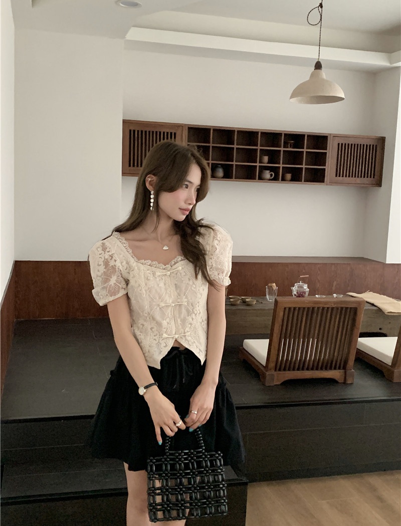 Retro short tops lace short sleeve shirt