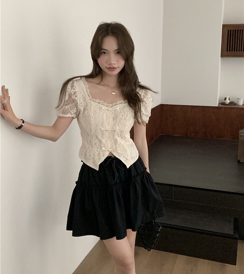 Retro short tops lace short sleeve shirt