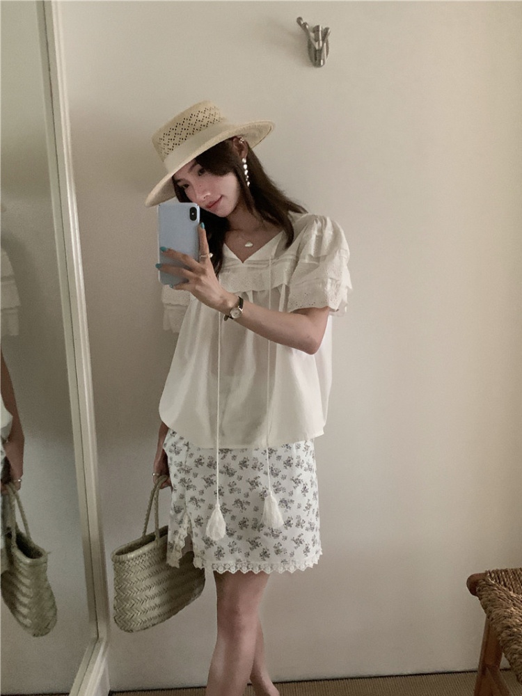 Short sleeve splice frenum Korean style retro sweet shirt