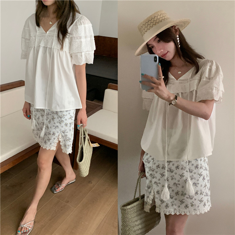 Short sleeve splice frenum Korean style retro sweet shirt