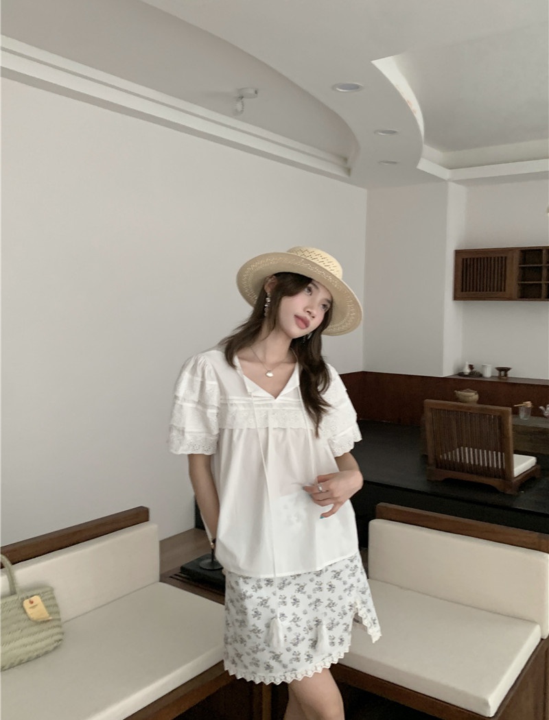 Short sleeve splice frenum Korean style retro sweet shirt