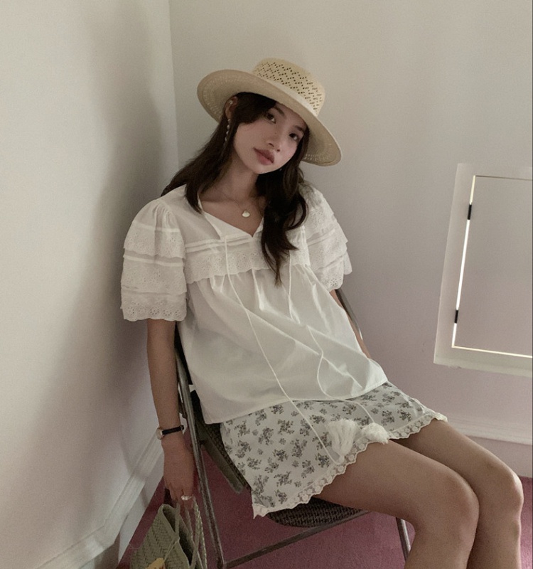 Short sleeve splice frenum Korean style retro sweet shirt