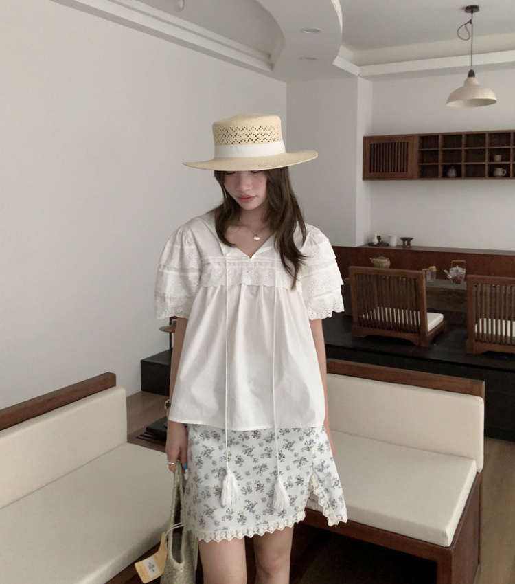 Short sleeve splice frenum Korean style retro sweet shirt