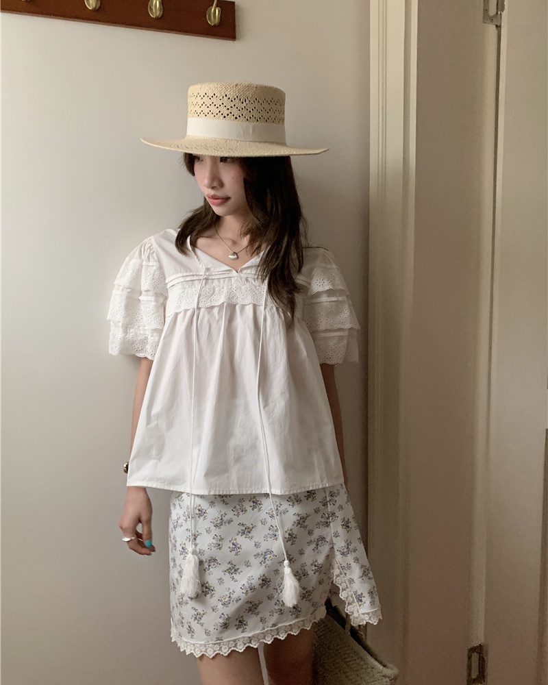 Short sleeve splice frenum Korean style retro sweet shirt