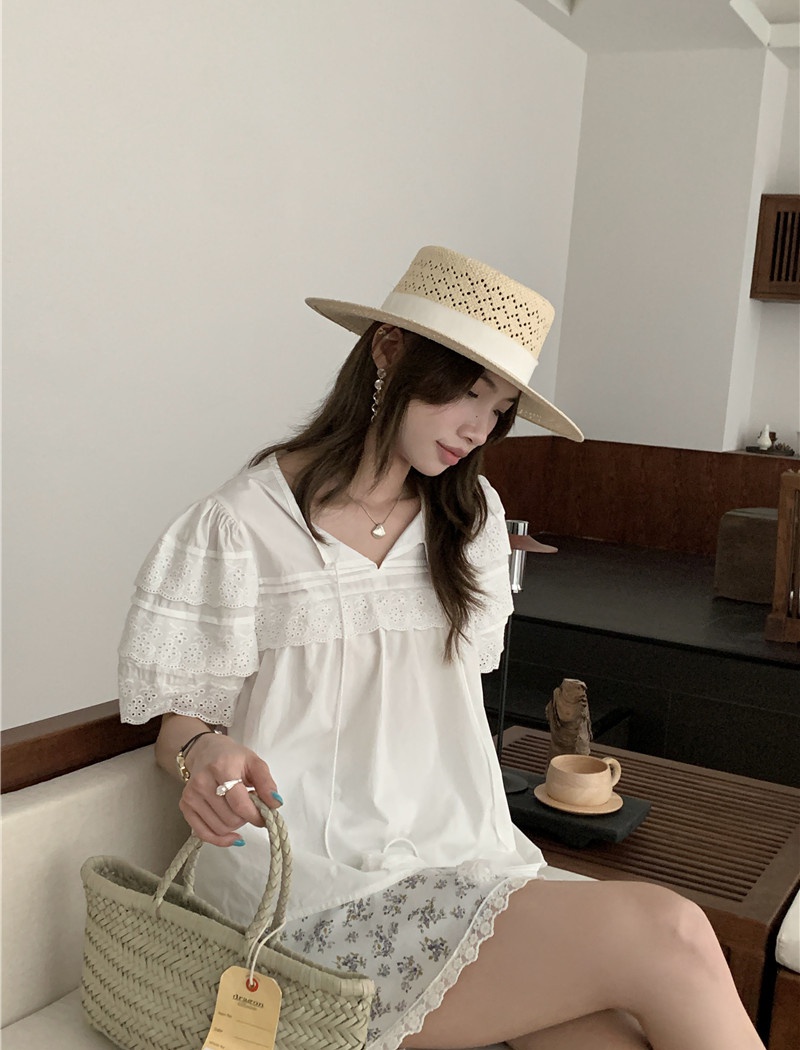 Short sleeve splice frenum Korean style retro sweet shirt