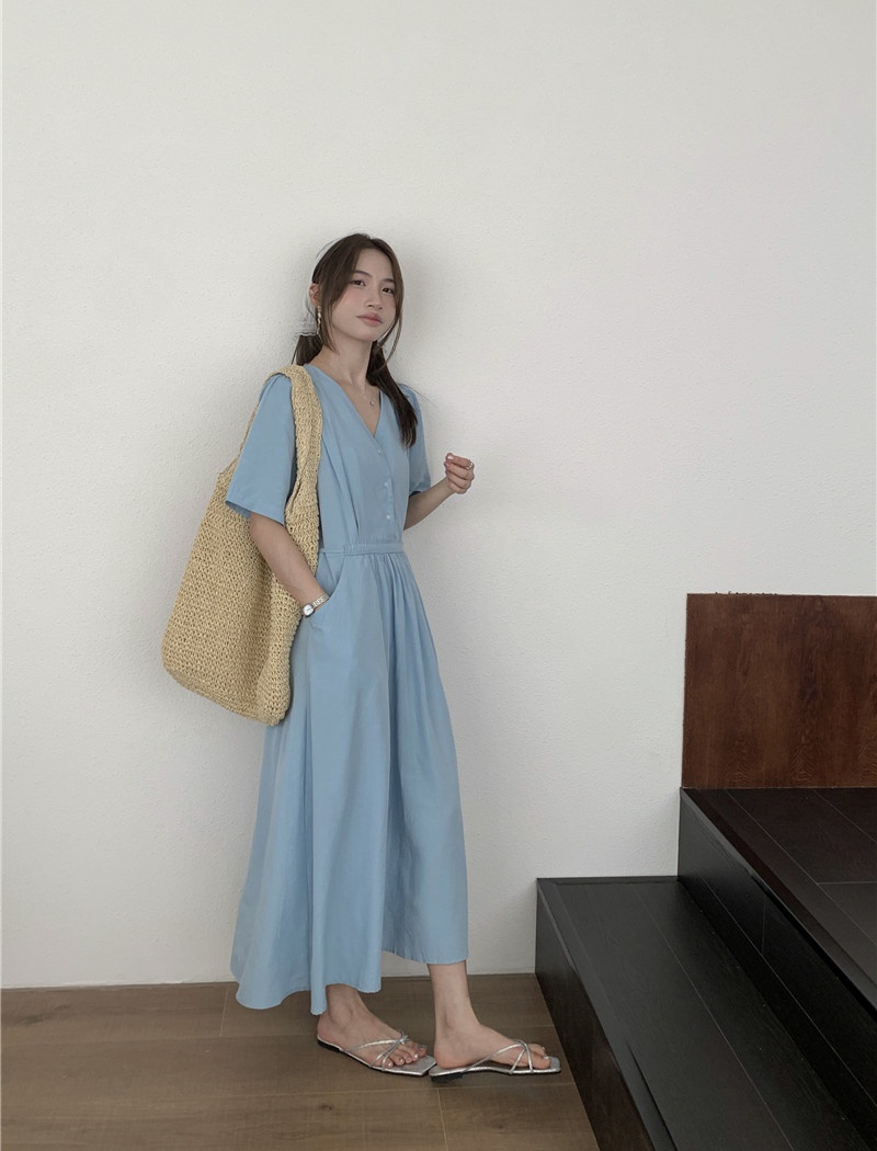 Simple temperament V-neck pinched waist frenum dress