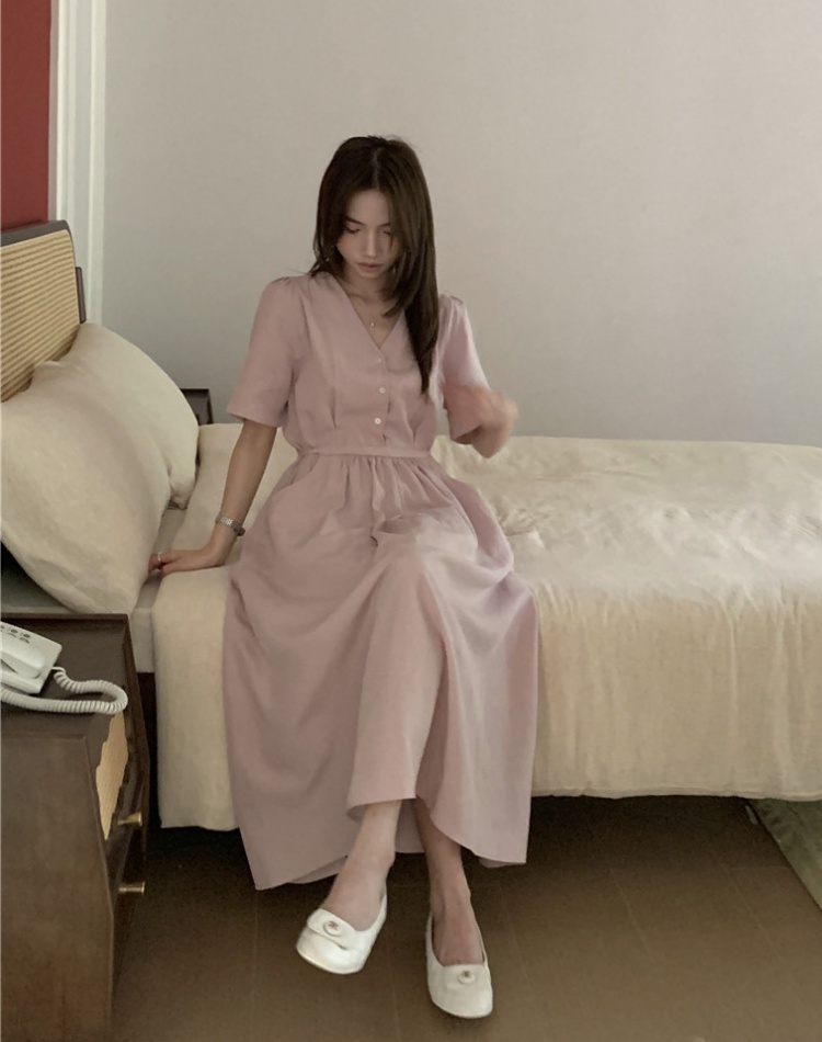 Simple temperament V-neck pinched waist frenum dress