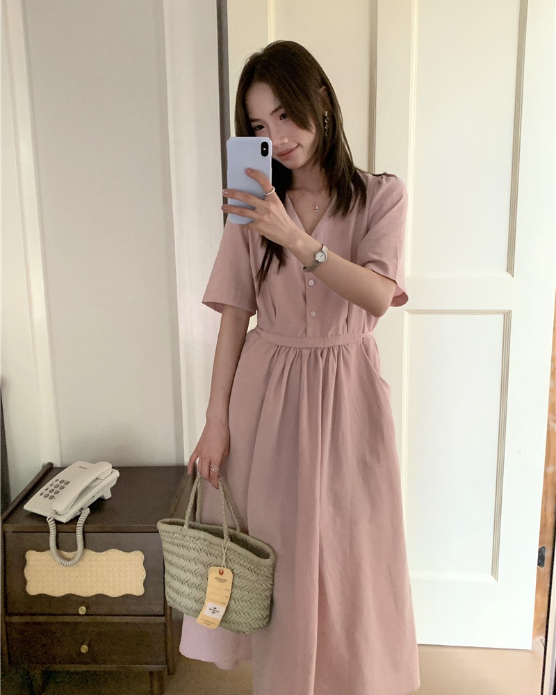 Simple temperament V-neck pinched waist frenum dress