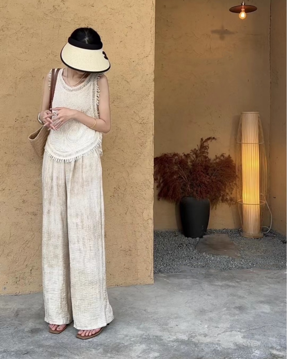 Burr high waist tassels wide leg pants slim summer vest