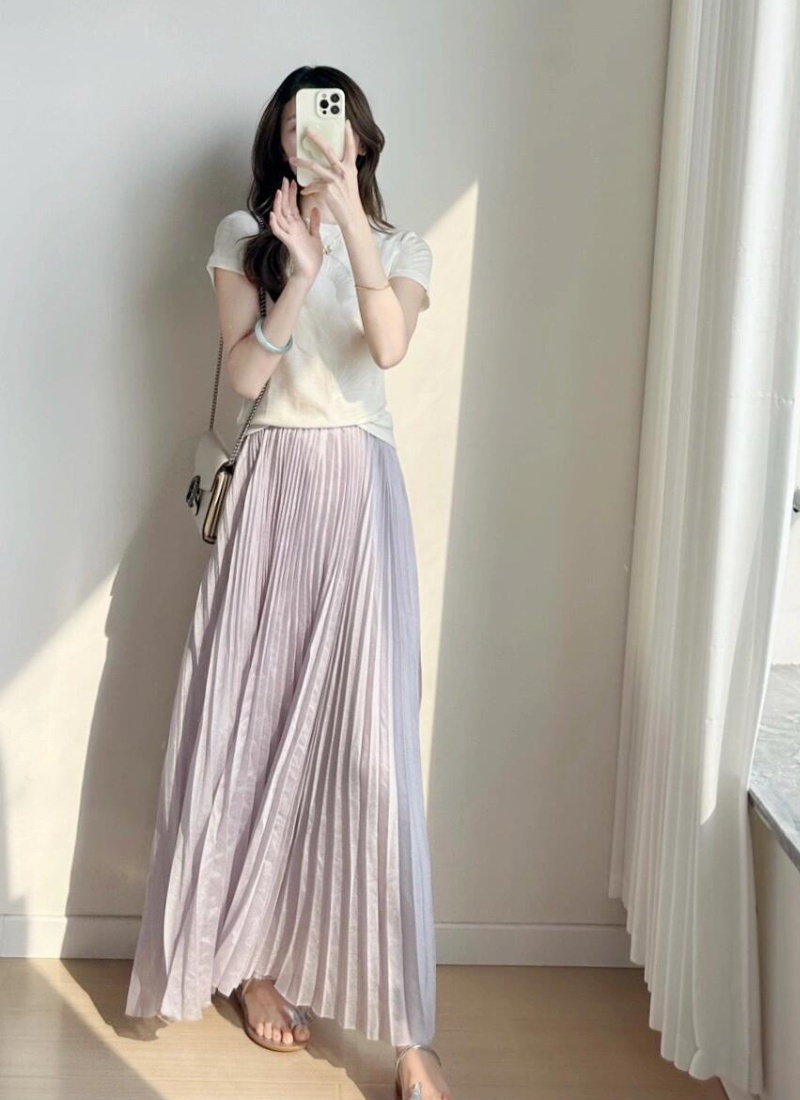 Short sleeve drape T-shirt pinched waist A-line skirt