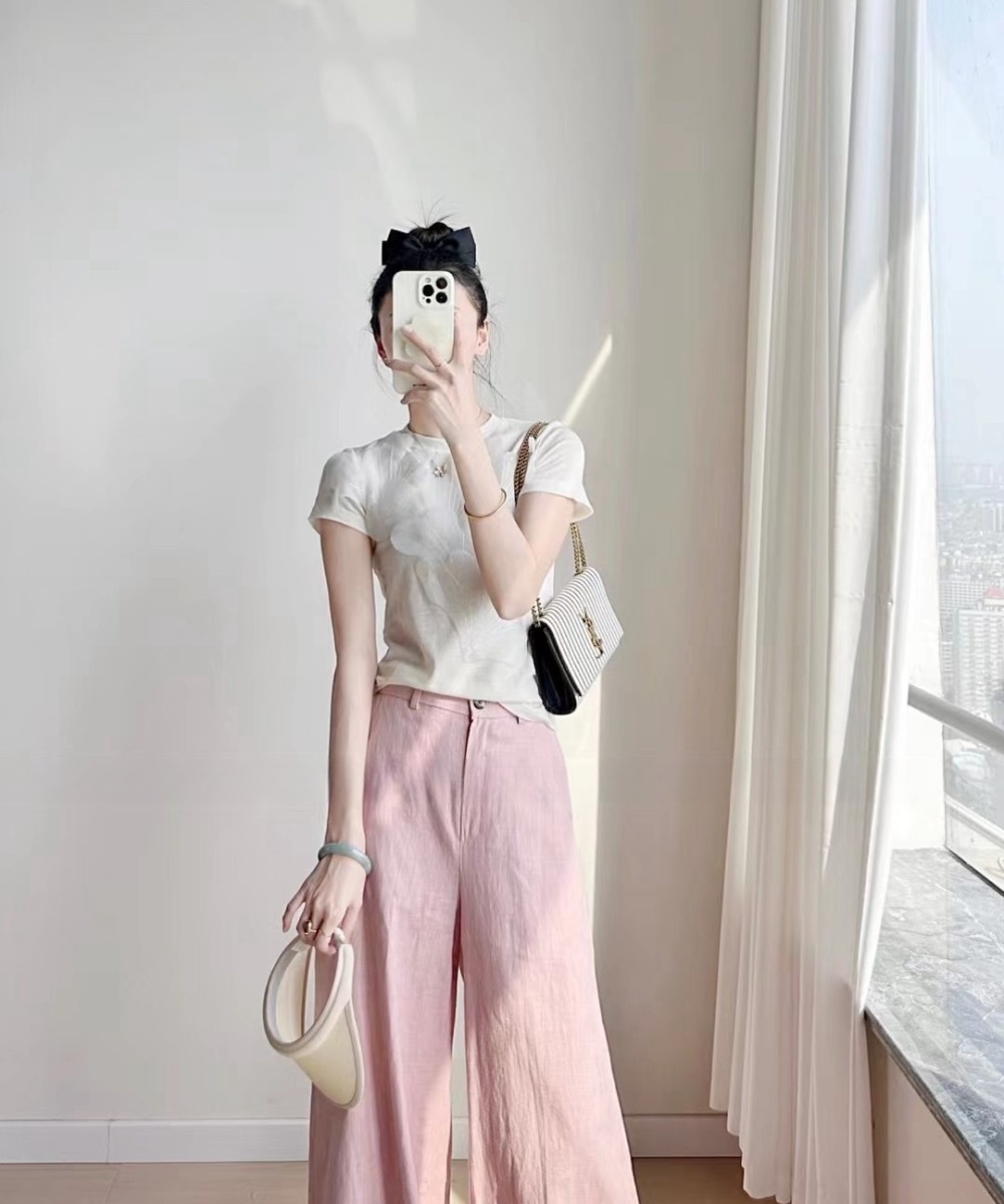 Niche summer wide leg pants cotton linen T-shirt a set