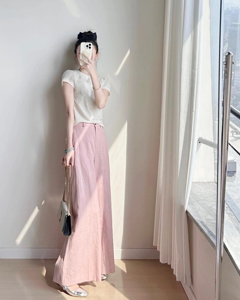 Niche summer wide leg pants cotton linen T-shirt a set