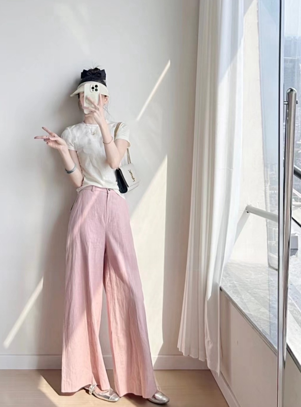 Niche summer wide leg pants cotton linen T-shirt a set