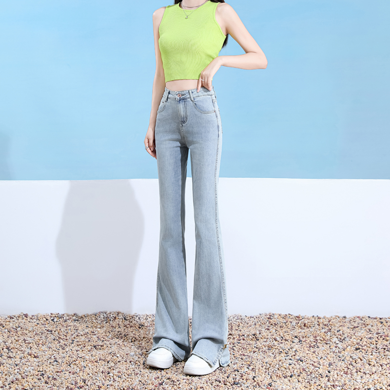 Elasticity light-blue micro speaker jeans split slim pants