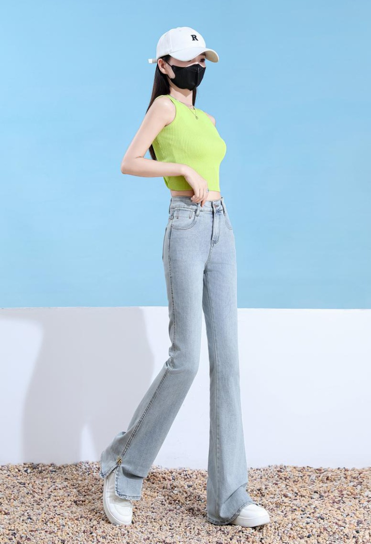 Elasticity light-blue micro speaker jeans split slim pants