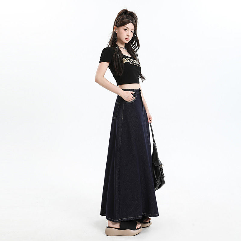 Navy blue high waist skirt summer long skirt