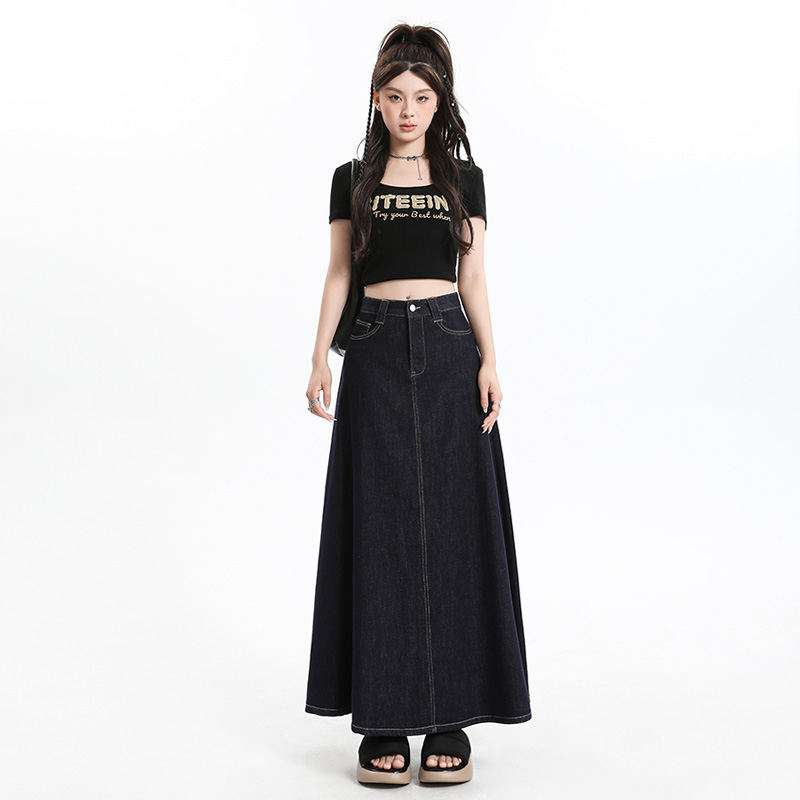 Navy blue high waist skirt summer long skirt