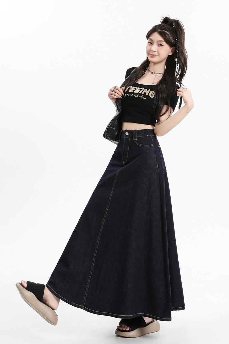 Navy blue high waist skirt summer long skirt