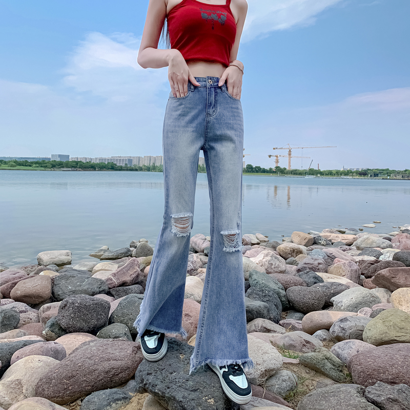 Holes straight slim flare pants show high soft thin pants