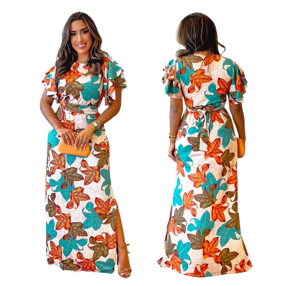 Pinched waist long dress printing dress for women