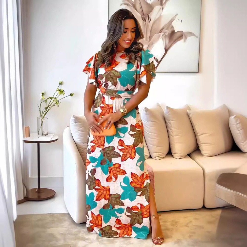 Pinched waist long dress printing dress for women