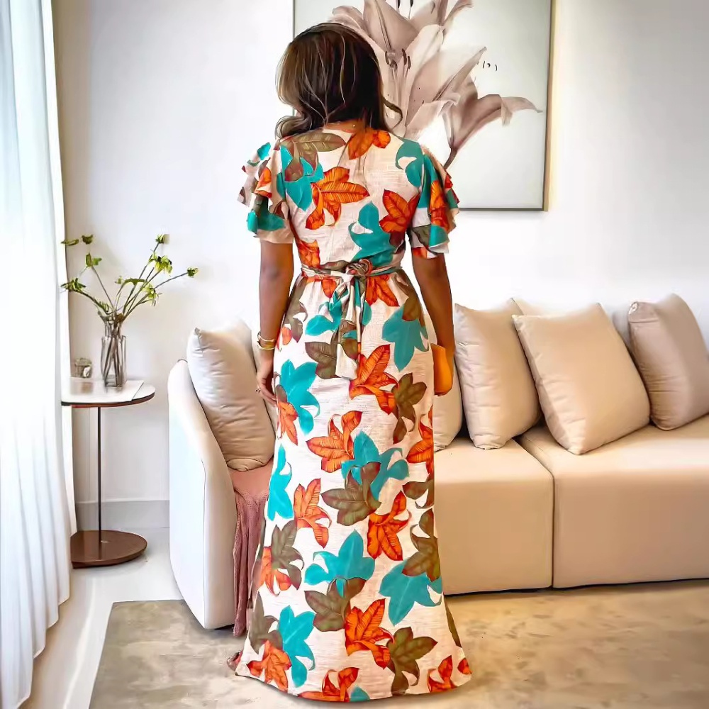 Pinched waist long dress printing dress for women