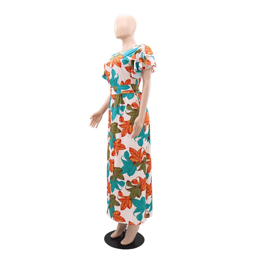 Pinched waist long dress printing dress for women